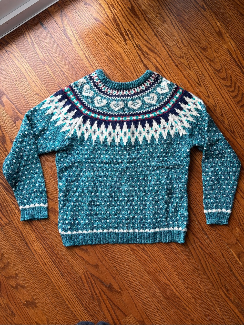 Woolrich Teal Fair Isle Crewneck Sweater with White and Navy Accents